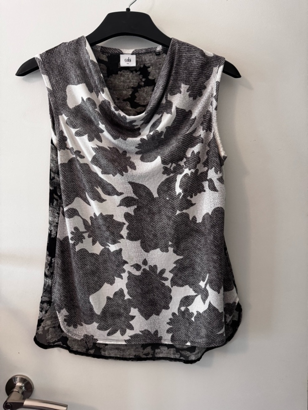 CAbi Black & White Floral Draped Cowl Neck Sleeveless Top